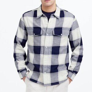 NWT Madewell Men's S Workshirt Cotton Plaid Navy Ivory Pockets Button Down NU268